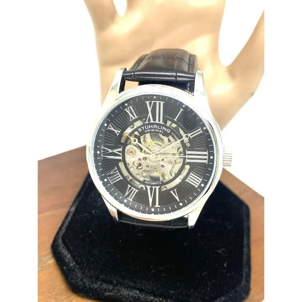 Stuhrling Mens Watch 3942 Automatic Skeleton Dial Silver Black Leather Band 42mm